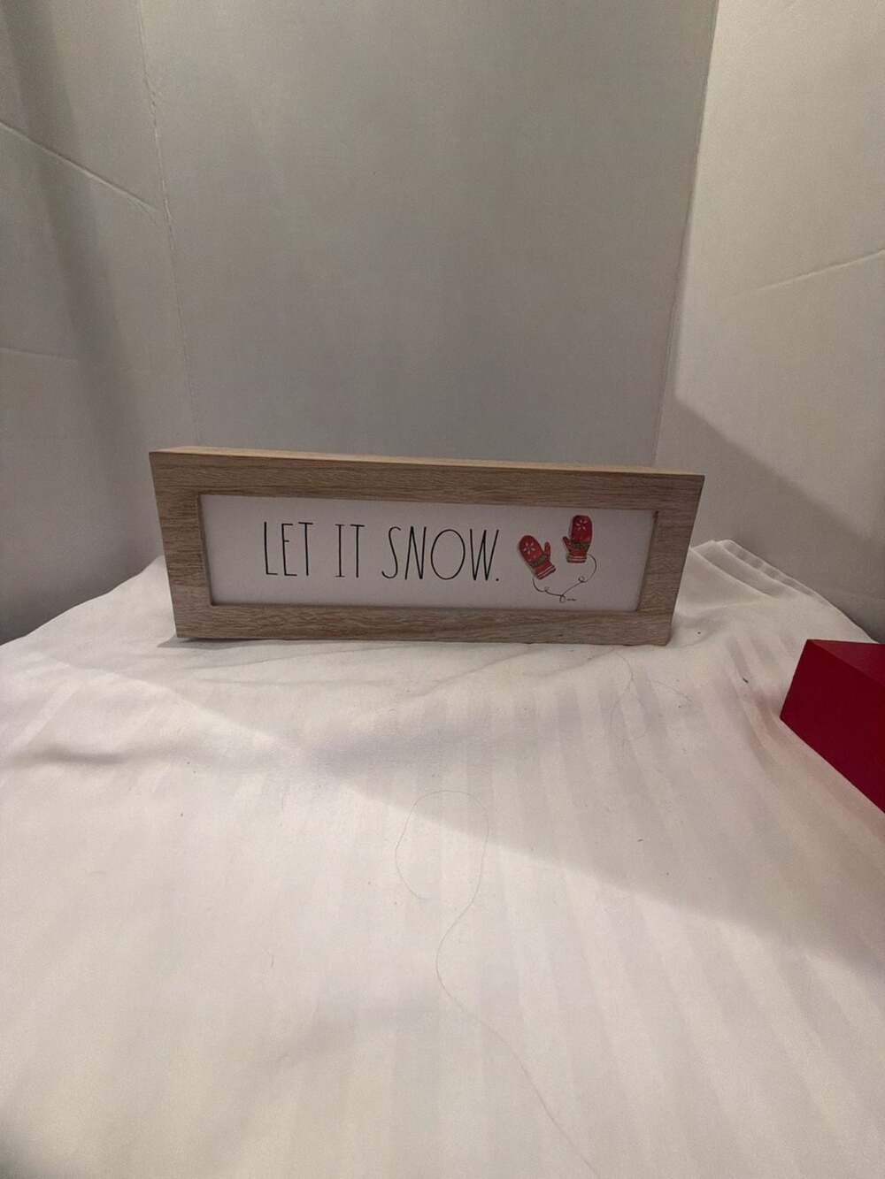 Rae Dunn Let It Snow Wooden Winter Sign with Red Mittens